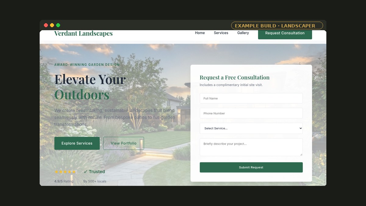 Example build: a landscaper’s website with a booking form, shown in a browser window