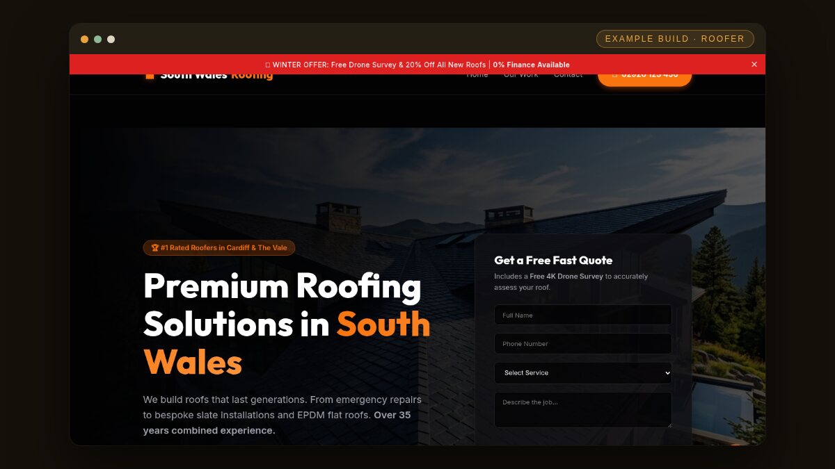 Example build: a roofer’s website with a quote form, shown in a browser window